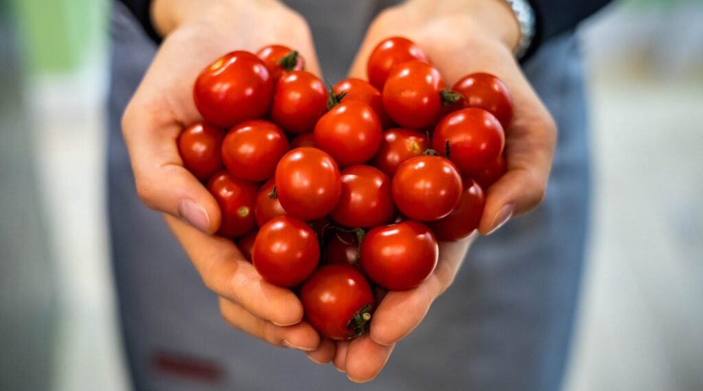 Photograph of two hands holding a bunch of cherry tomatoes in the shape of a heart.