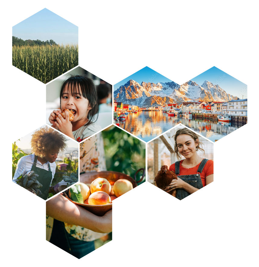 Collage of cornfield, kid eating, boats and mountains in Alaska, farmer holding chicken, bowl of peaches, woman holding greens