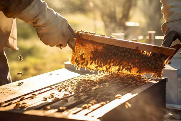 Beekeeper getting the honey from a hive